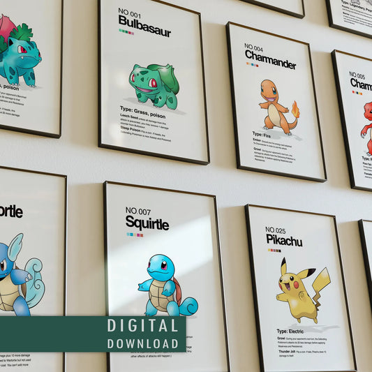Starter Monster Poster Set | Minimalist Anime Wall Art | Bulbasaur Charmander Squirtle Pikachu | Printable Digital Download