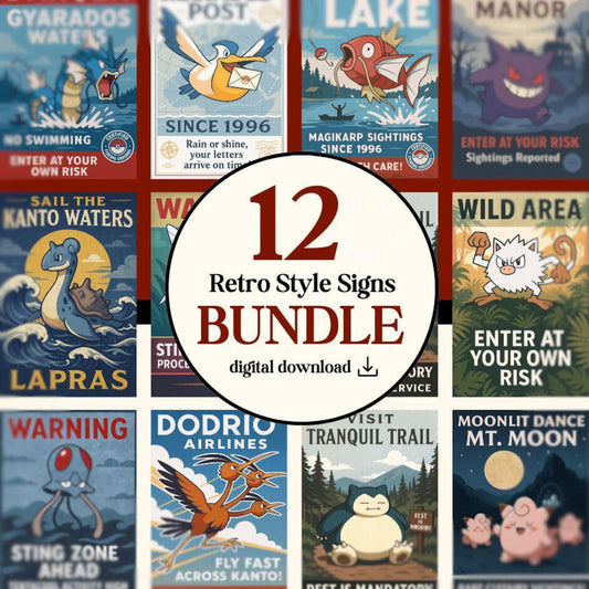 Set of 12 Retro Sign Posters: Pokemon Inspired Fan Art, Anime & Videogame Decor